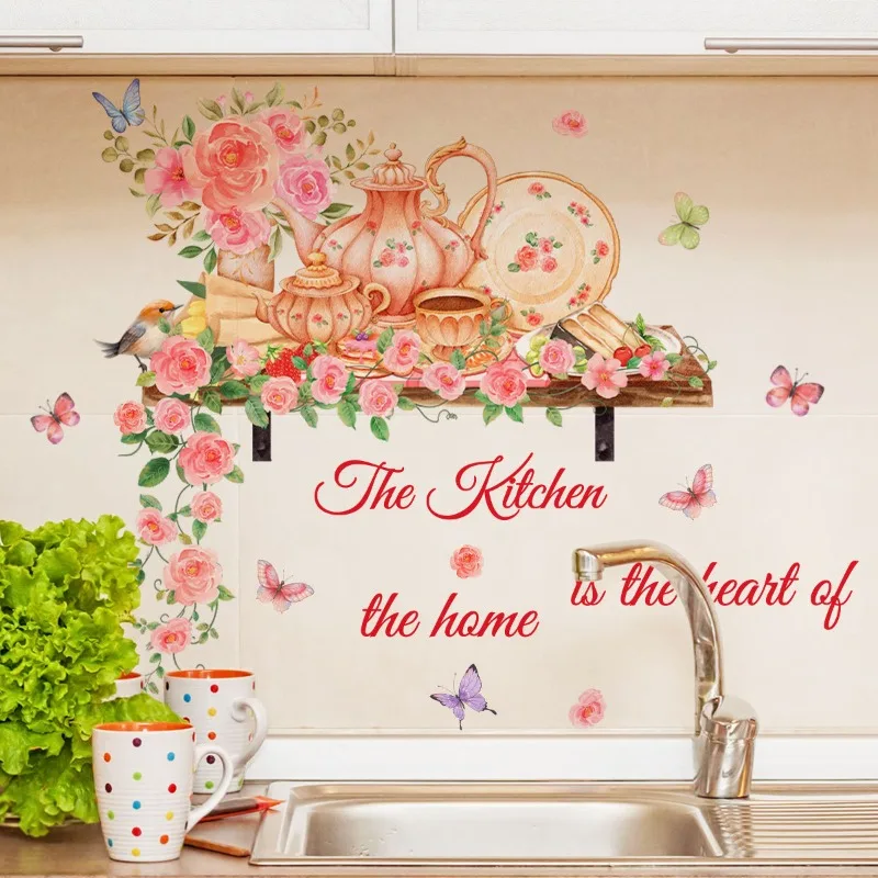 Creative Cartoon Tableware Dinner Rose Butterfly Wall Sticker for Home Living Room Kitchen Background Decoration Home Decor