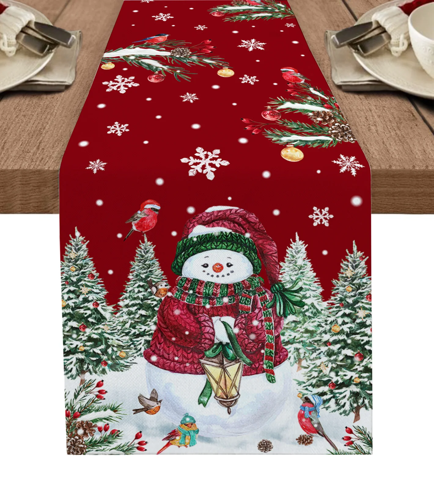 

Christmas Decoration Snowman Robin Berry Linen Table Runner for Dining Table Wedding Decor Dining Table Runner Washable