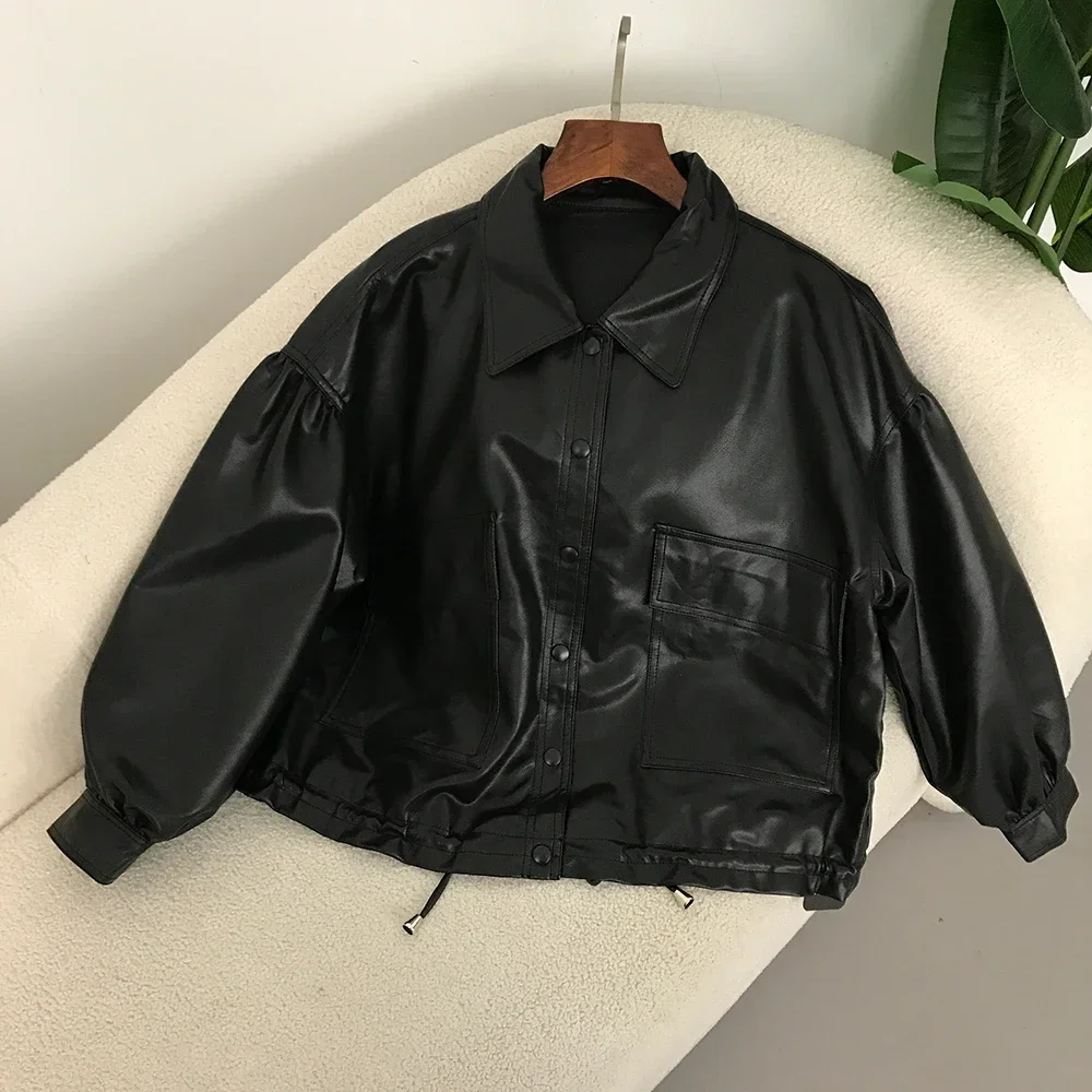 

2024 Faux Leather Coat Spring PU bomber jacket Women's Single Breasted Loose Trendy Pleated Lady Lapel Solid Windproof Outwear