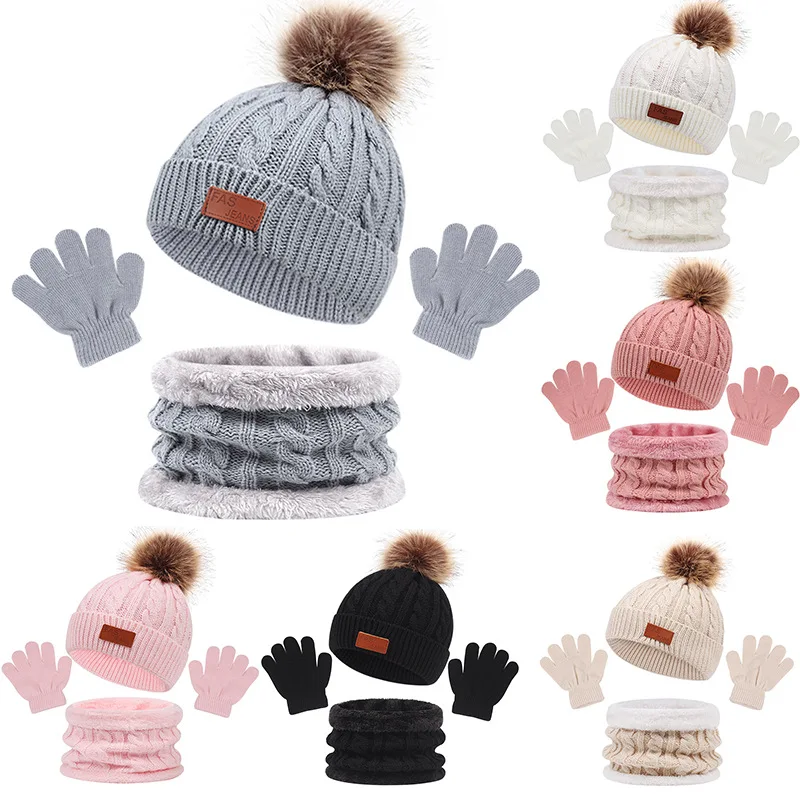 Baby Boys Girls Winter Hat Scarf Gloves 3PCS Set Children Warm OutDoor Knitwear Cap Dress Kids Birthday Photography Gift Suit