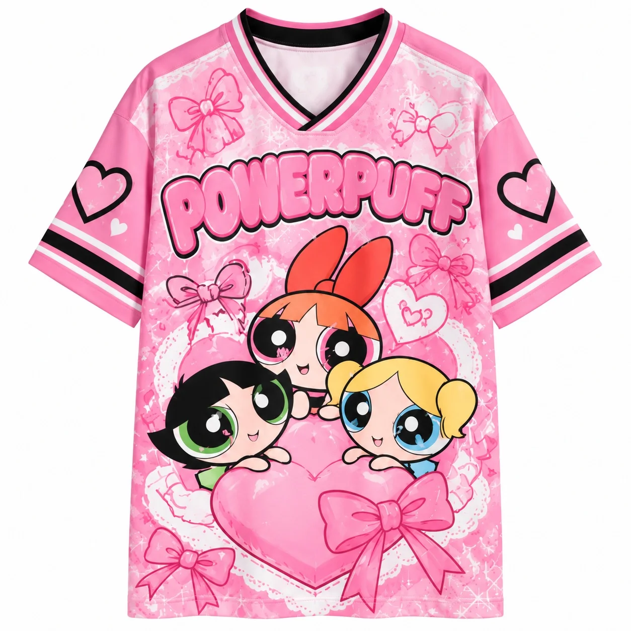 Powerpuff Girls Grafik-Trikot-Shirt für Erwachsene, Unisex, V-Ausschnitt, Cartoon-Streetwear, Y2K, Kawaii, lässiges Sport-Top – Detail 4