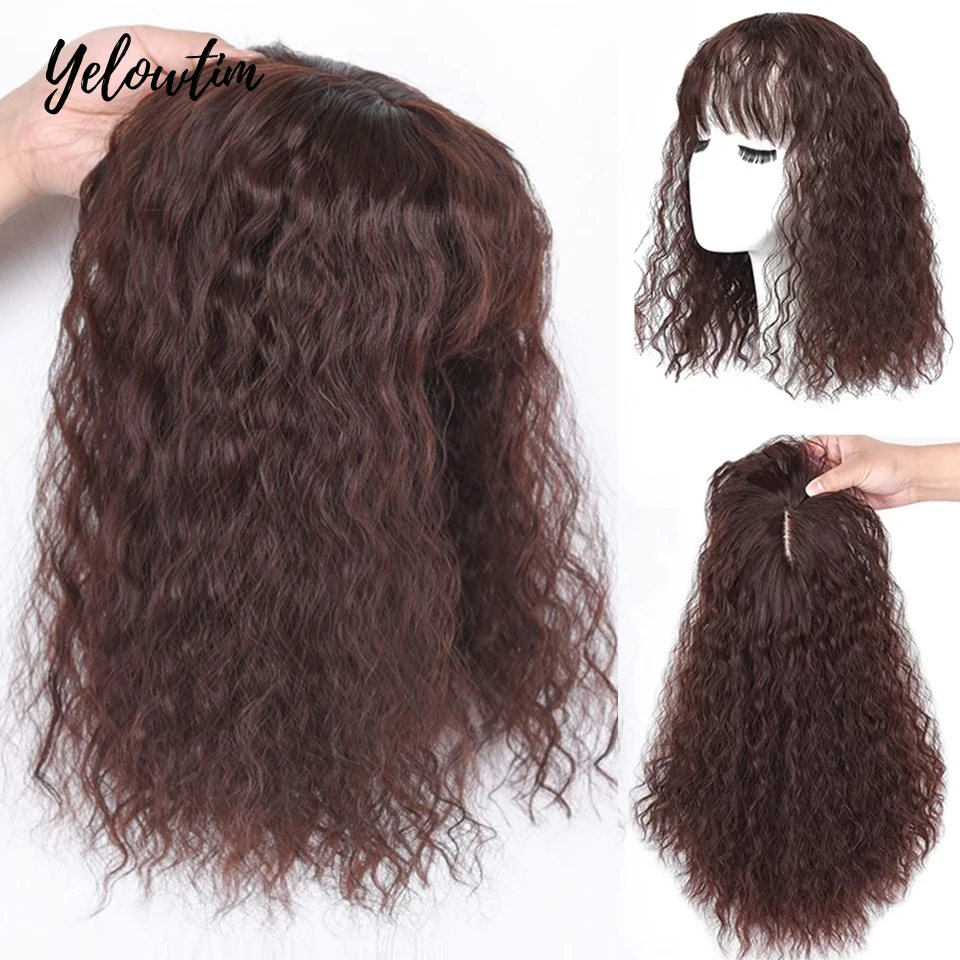 

YELOWTIM Synthetic Topper Closure Hairpieces with Bangs Clip on the Top of Head Hair Extension to Cover the White Hair Hairpiece