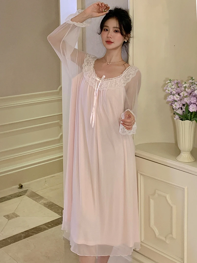 Women Ruffles Vintage Nightgowns Lolita Princess Sleepwear Pink Lace Mesh Fairy Night Dress Victorian Nightdress Loungewear