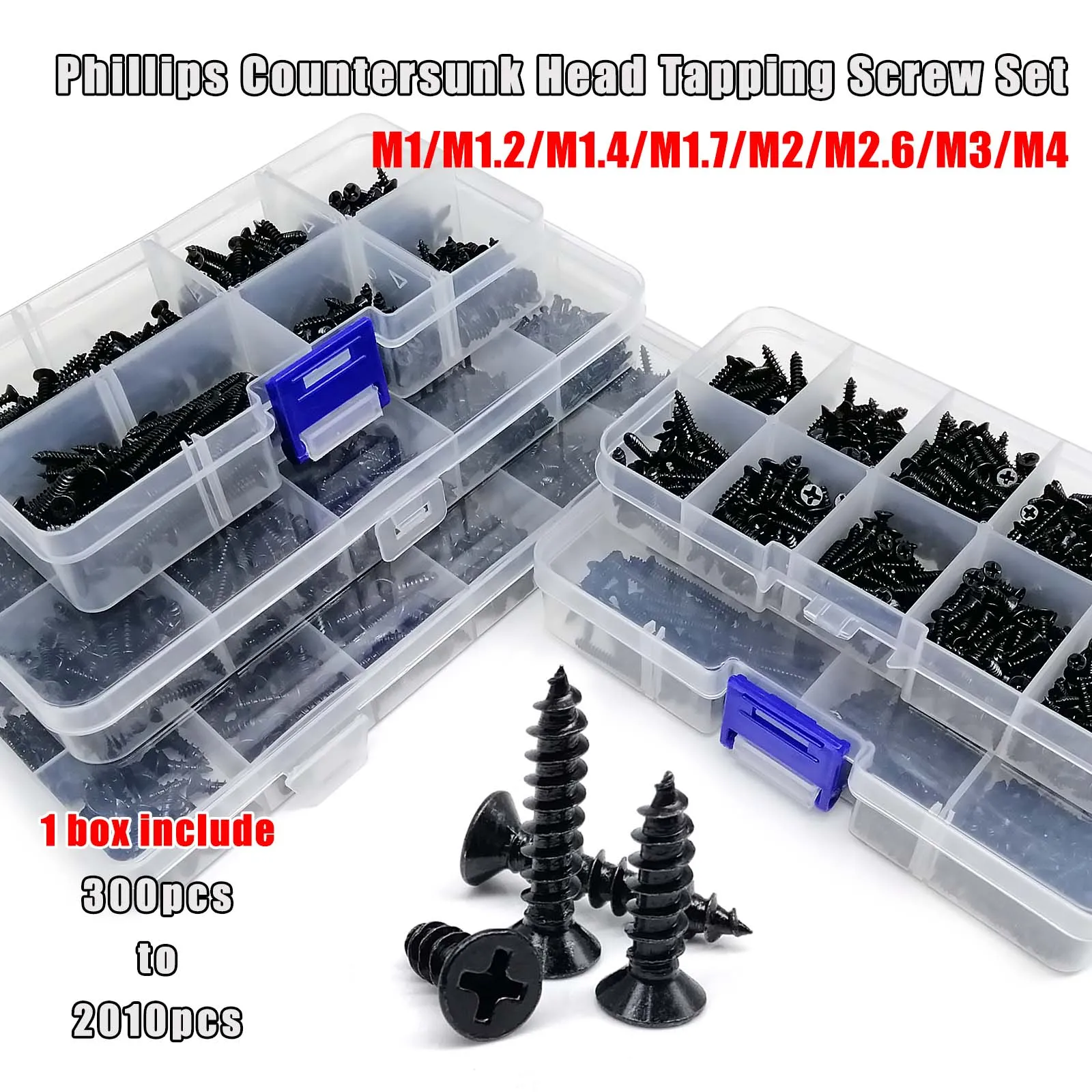 1 scatola Mix M1 M1.2 M1.4 M1.7 M2 M3 M4 Acciaio nero Mini Micro Croce Phillips Testa svasata piatta Kit di viti per legno autofilettanti