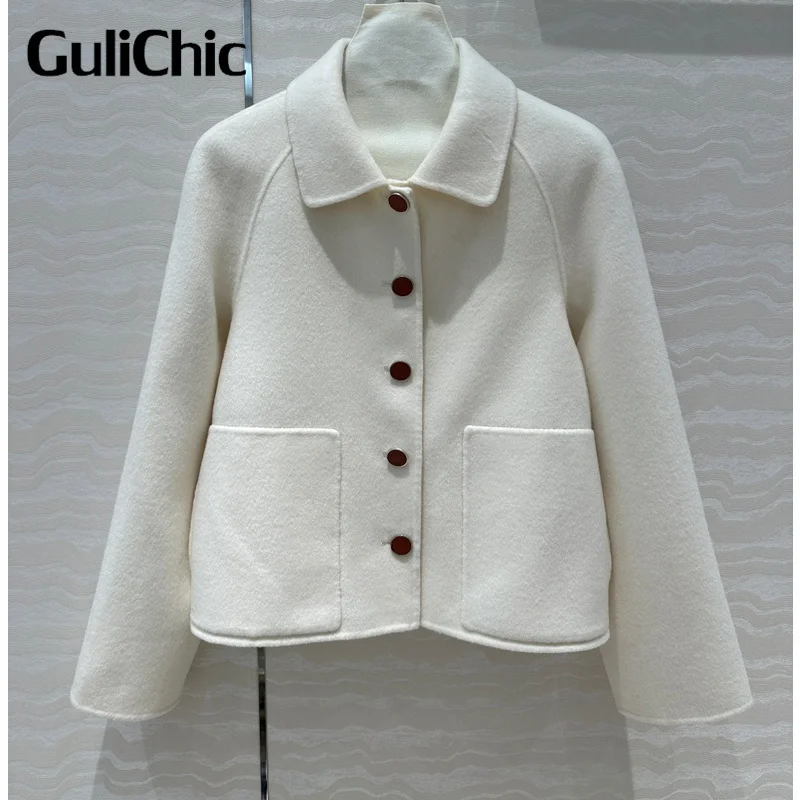 7.31 GuliChic 100% Cashmere Woolen Coat Women\'s Elegant Temperament Lapel Single Breasted Pocket Jacket Coat