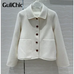 7.31 GuliChic 100% Cashmere Woolen Coat Women's Elegant Temperament Lapel Single Breasted Pocket Jacket Coat