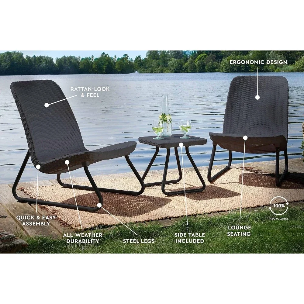 3 Piece Resin Wicker Patio Furniture Set with Side Table and Outdoor Chairs, Dark Grey