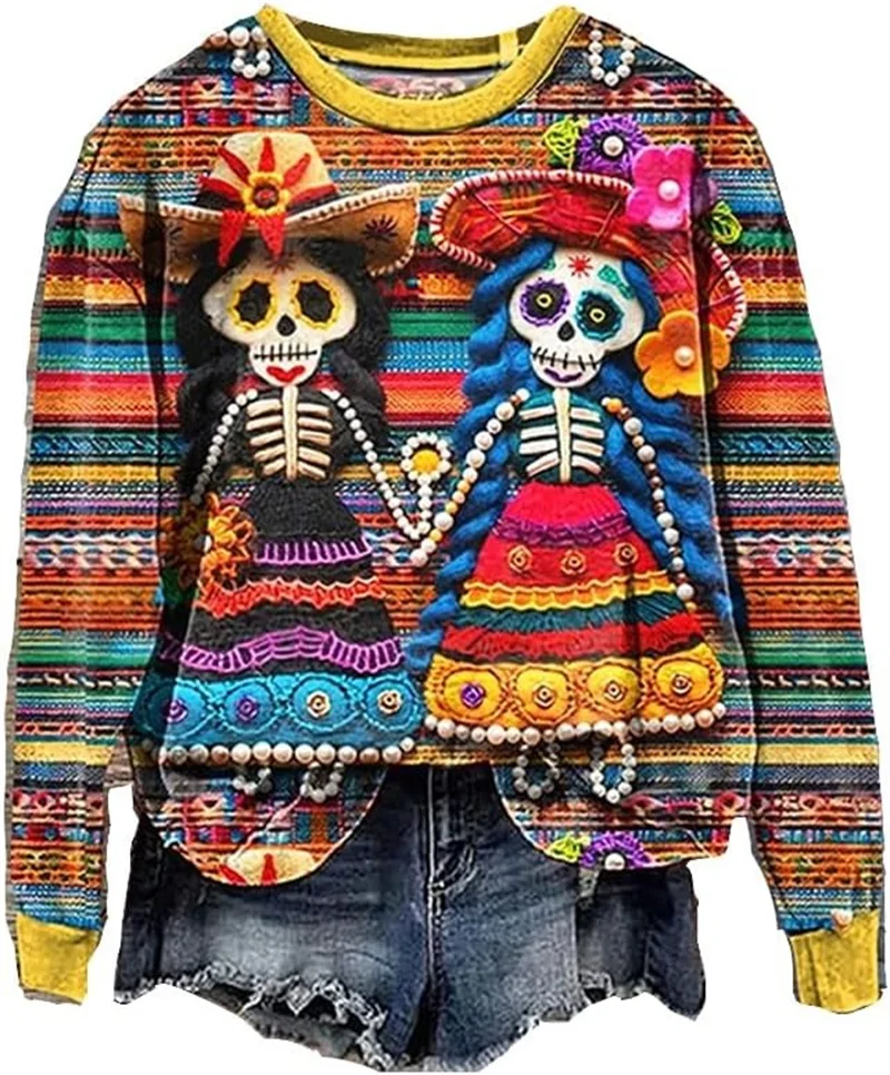 Halloween divertido crânio 3d impresso feminino em torno do pescoço roupas esportivas férias casual oversized pulôver feminino festival presente roupas esportivas
