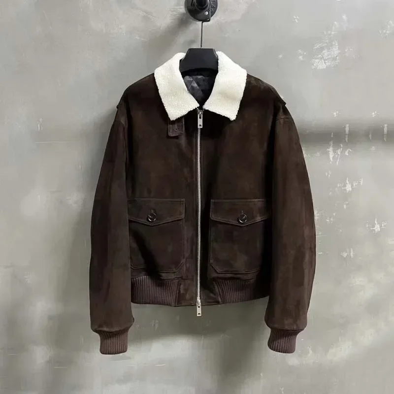 Hoge kwaliteit echt leren jas Suède schapenvacht Korte lengte Omgeslagen kraag met grote zakken Intensiveringsstijl