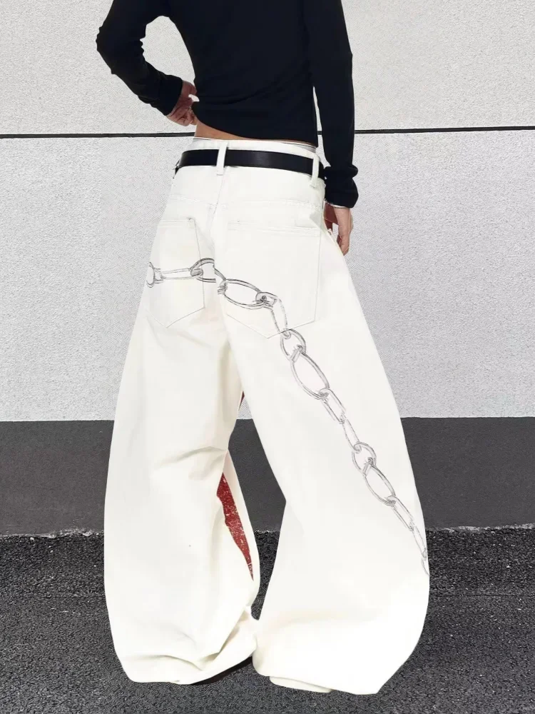2026 American Retro Y2K Style Graffiti Printed White Baggy Jeans Pants For Women Clothing Wide Leg New Rock Lady Luxury Trousers