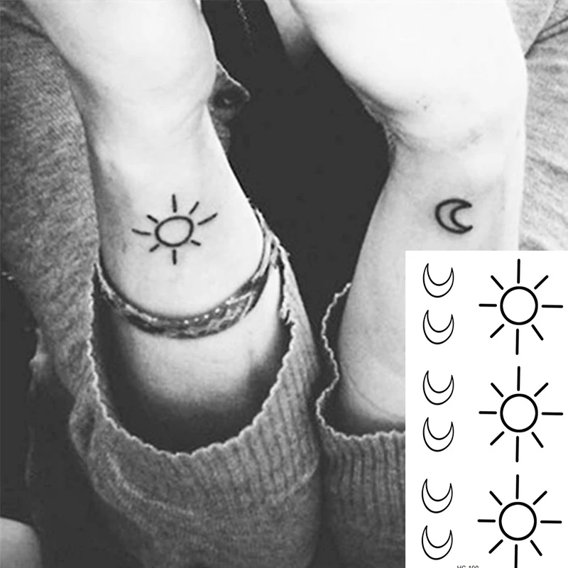 Water Transfer Tattoo Minimalist Small Sun Moon Tattoos Body Art Waterproof Temporary Fake Tatto For Adults Couples Kid 10.5*6cm