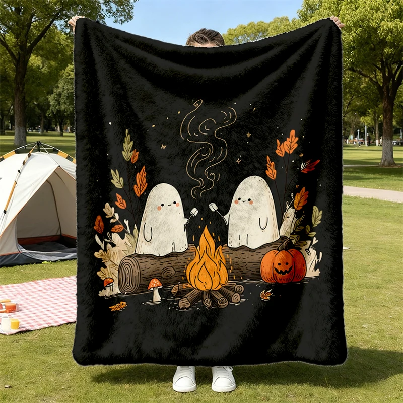 Cute Ghost Campfire Flannel Blanket, Halloween Throw, Marshmallow Ghost Cozy Fall Camping Gift