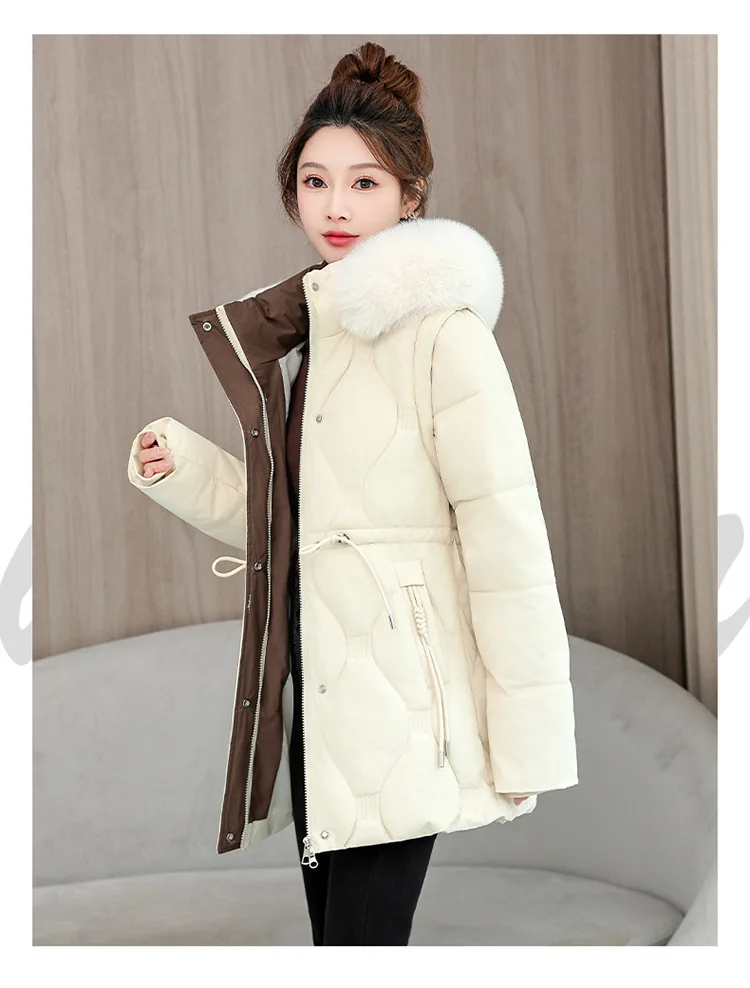 Simple Solid Color Large Fur Collar Hooded Removable Long-sleeved Down Cotton Jacket Women's 2025 Winter Thickened Warm Jacket