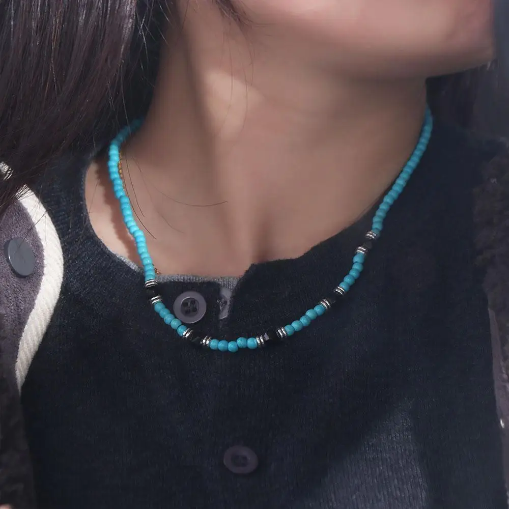 العرقية نمط الفيروز قلادة الرجال الخرز الأسود الملمس مطرز قلادة ملحق قابل للتعديل البلد الغربي قلادة السفر #1