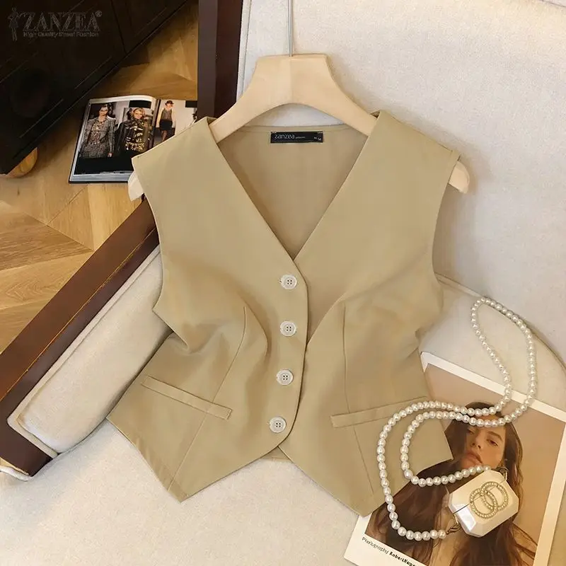 

Fashion Summer Sleeveless Blouse 2026 ZANZEA Women Office Tanks Tops Elegant V Neck Work Shirt Casual Solid Irregular Hem Vests