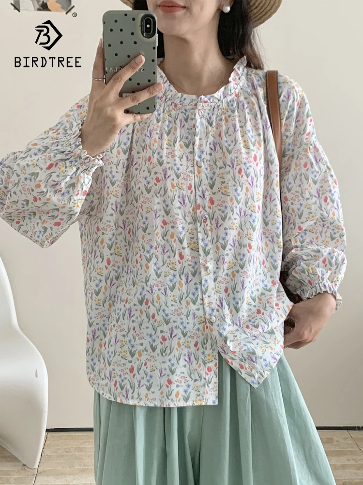 

New 2025 Autumn Cotton Long Sleeve Shirt, Women Ruffled Floral Print, Mori Girl French Age Reduction Sweet Loose Blouse T59555CC