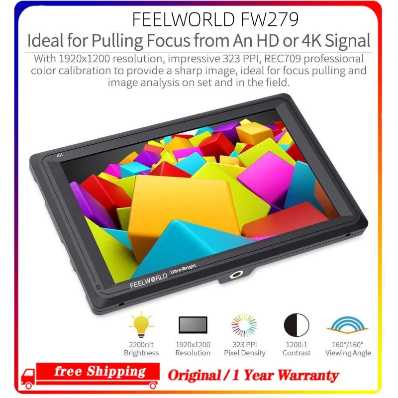 Feelworld FW279 7-дюймовый 4K HDMI монитор для DSLR-камер, 2200 нит, ультраяркий, Full HD 1920x1200, LCD IPS, для камер Canon и Sony.
