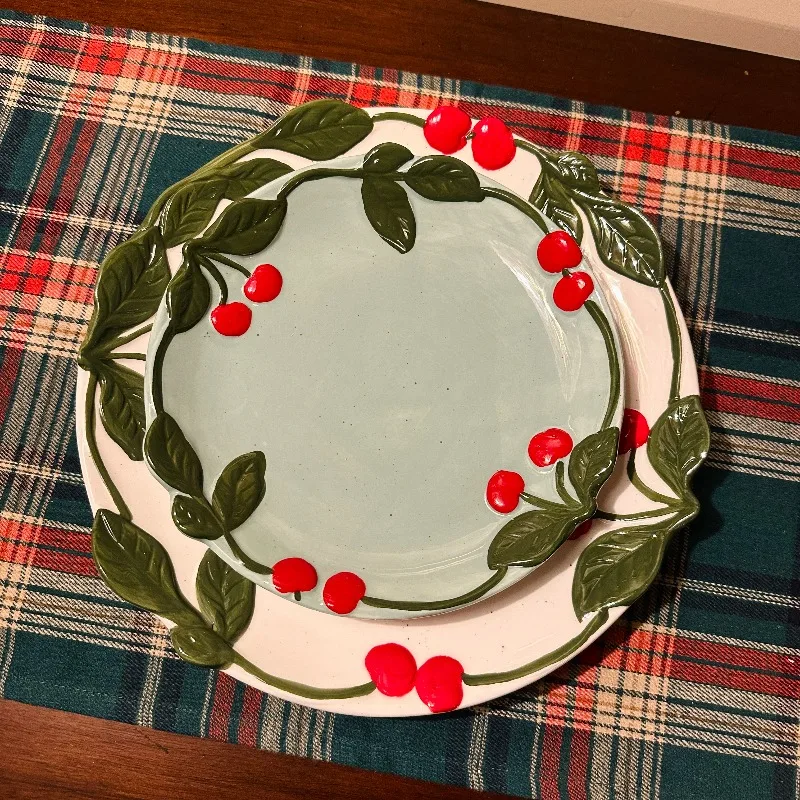 Cherry ceramic plate relief dinner plate household decorative ornament dessert plate