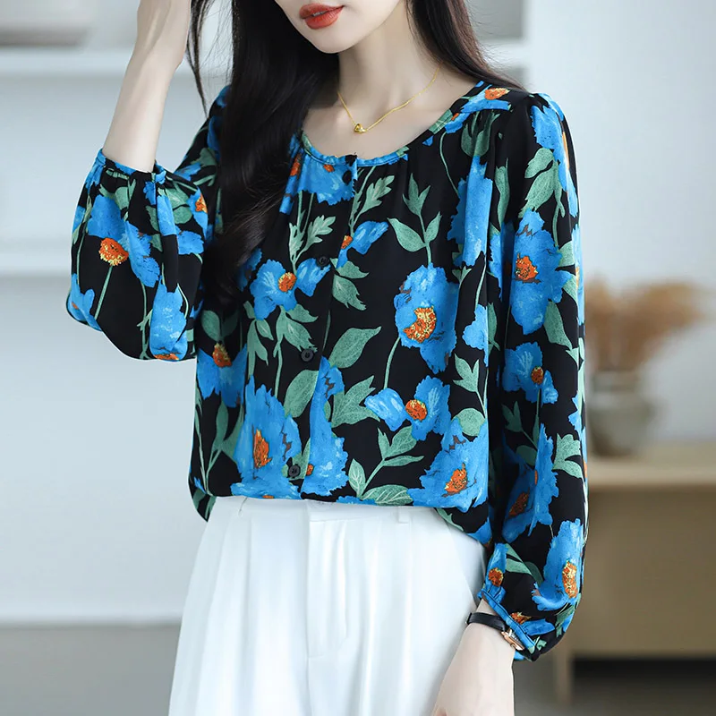 Women Clothing Loose Casual Oversized Print Shirt Autumn Fashion All-match O-neck Long Sleeve Blouses Office Lady Chiffon Tops