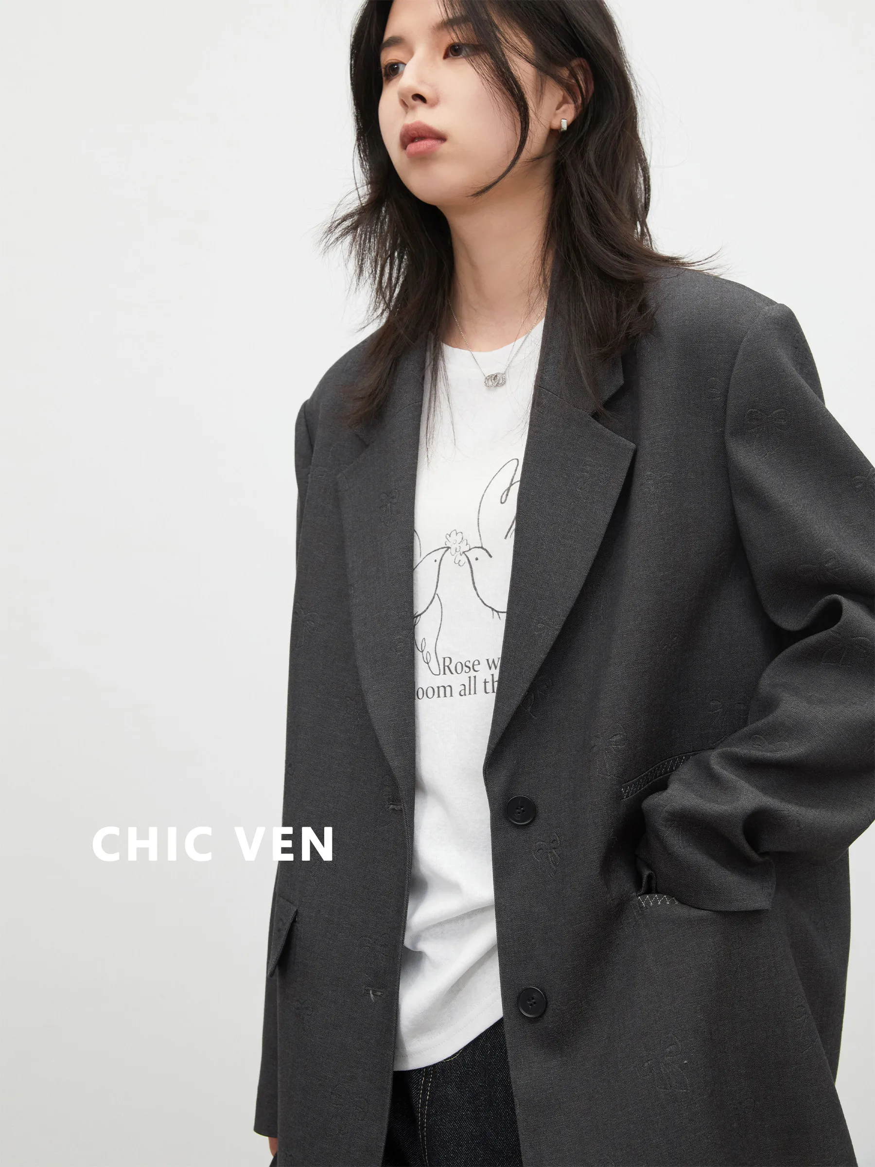 CHIC VEN Fashion Women Blazers Loose Casual Design Bow Embossed Office Ladies Suit Jacket Gray Spring Autumn 2026 Female Coat