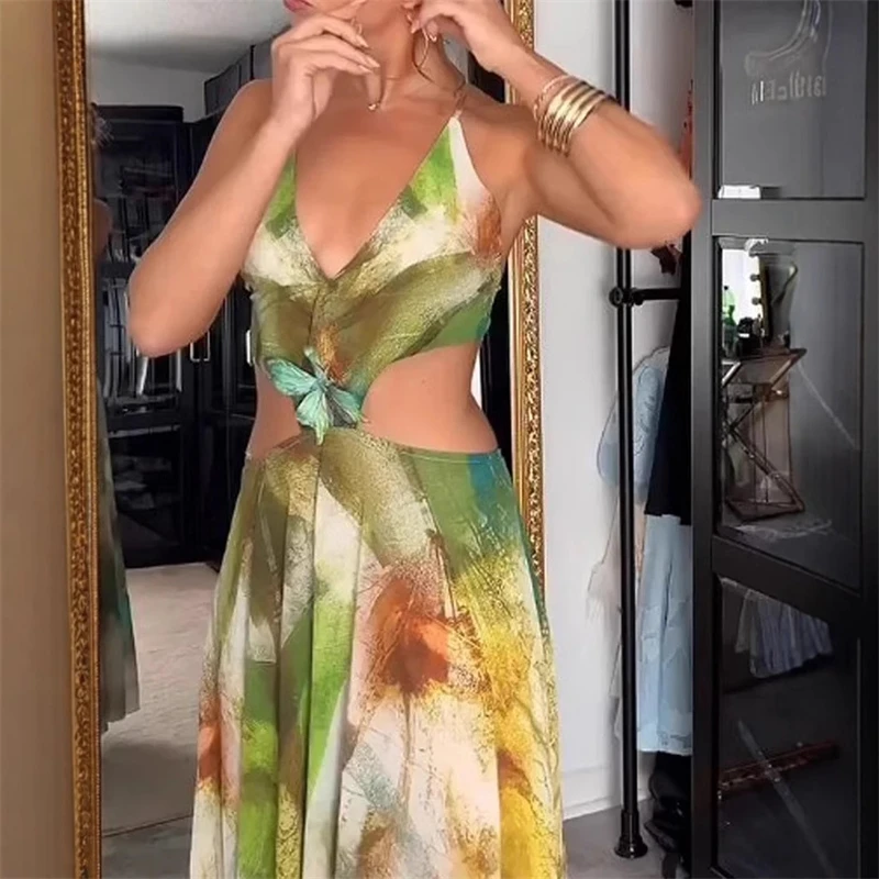 Spaghetti Strap Sleeveless Dress Women 2025 Summer Slim Fit Cut Out Waist Split Vacation Maxi Dress