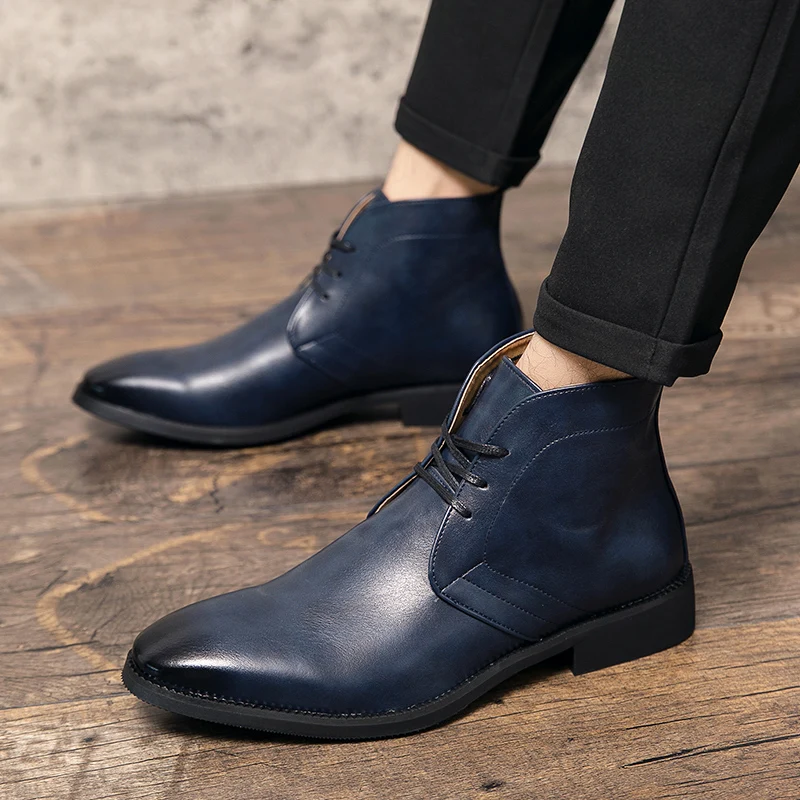 Men Ankle Boots Brown Black Blue Motorcycle Boots Lace Up Business Handmade Pu Leather Shoes for Men with - view 2