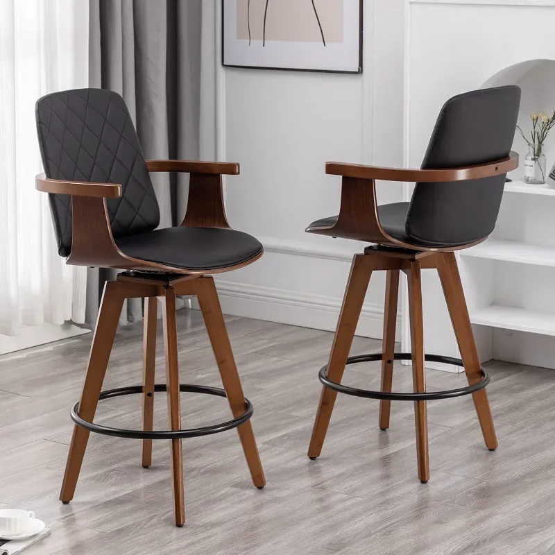 Bar Stools Set of 2, Upholstered Faux Leather Counter Height  Stools, Swivel stools with Wooden Arms and Legs, 25.6