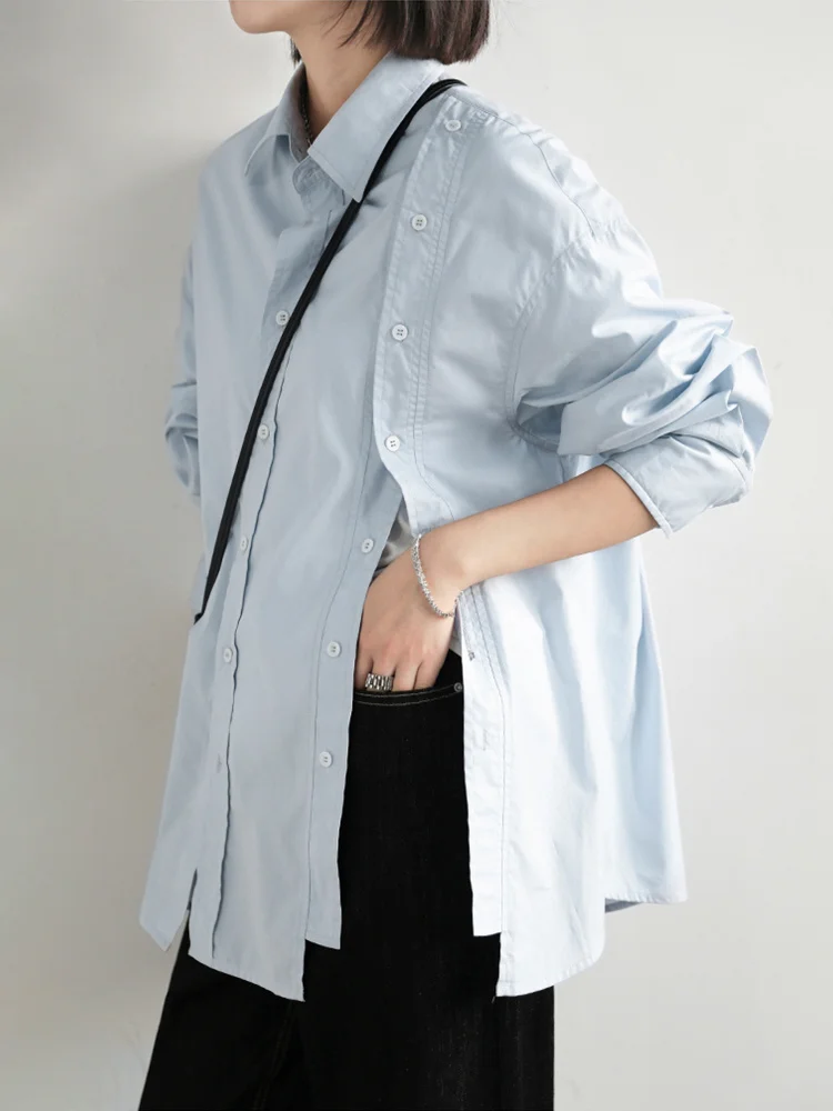 

Women Blue Hem Slit Big Size Irregular Blouse New Lapel Long Sleeve Loose Fit Shirt Fashion Spring Autumn 2022