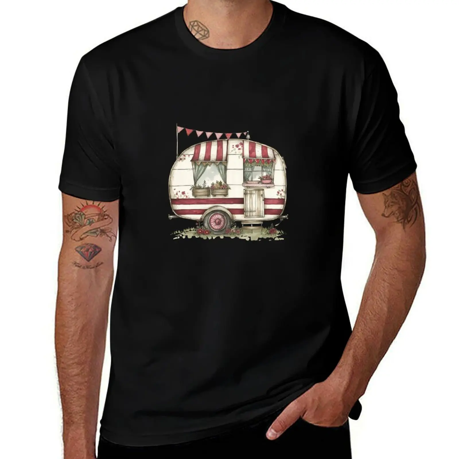 Cute retro caravan red T-Shirt Basic Short Sleeve for Men T-Shirt