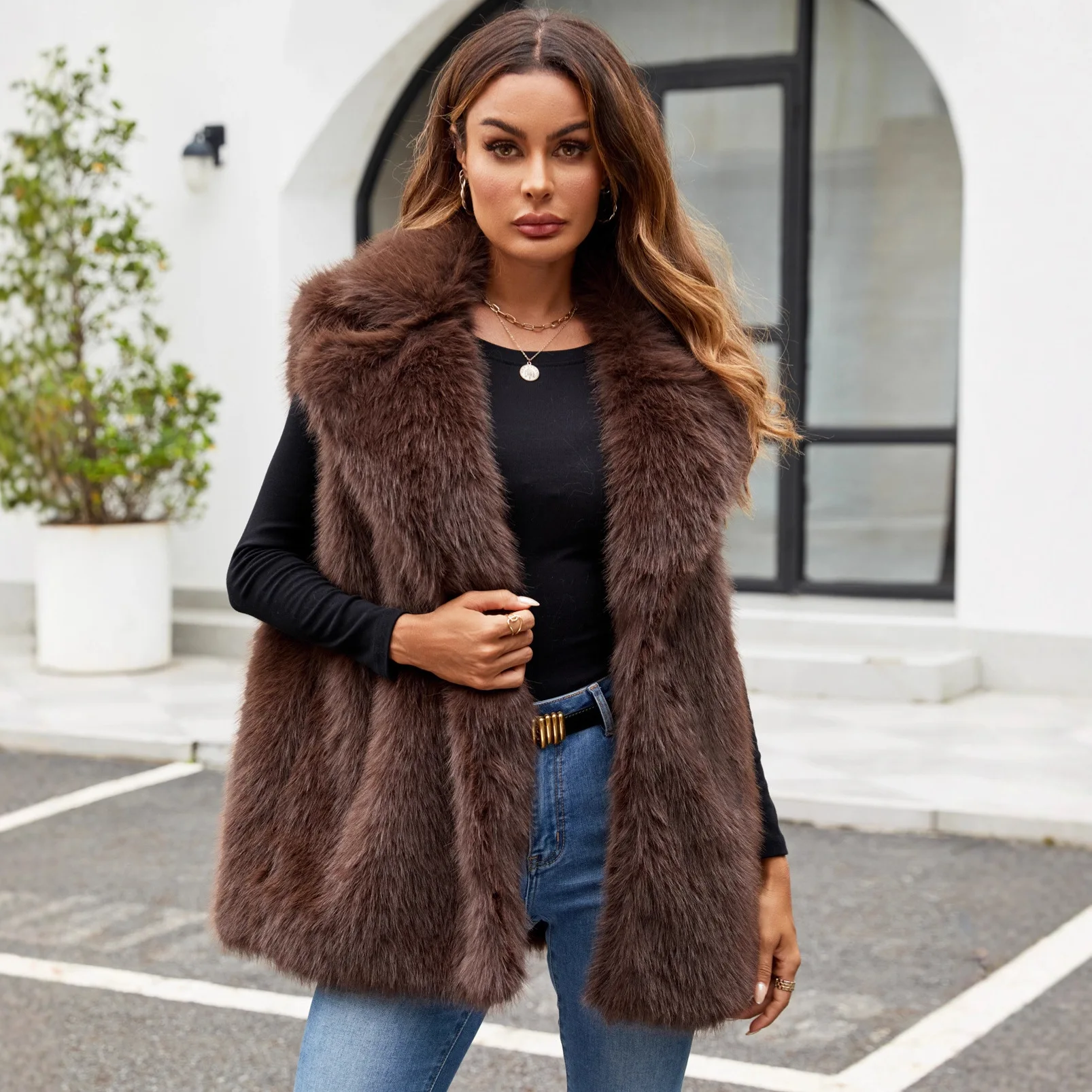 Faux Fox Fur Vest Coats Women Solid Fur Jackets Turn Down Collar Sleeveless Open Stitch Thick Warm Fur Casual 2025 Autumn Winter