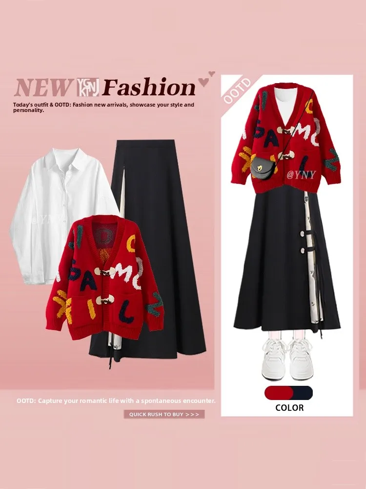 

Korean Casual Color Block Knitted Cardigan Skirt Set Women's Autumn Winter Large Size Age Reduction Three Piece Set High Wais...