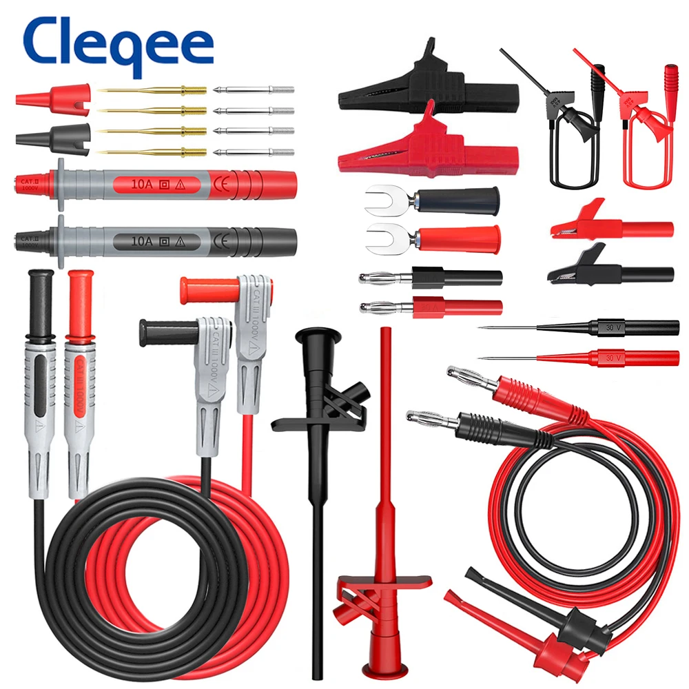 Cleqee P1600D 30PCS 4mm Banana Plug Multimeter Test Leads Kit Automotive Piecering Probe Set IC Test Hook Alligator Clip Set