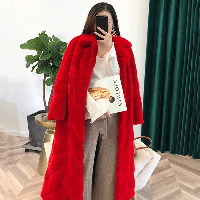 Ftangaiur 新冬輸入ベルベットミンクファーコート 長袖 レディース ターンダウンカラー 無地 エクストラロング 天然ミンクファーコート