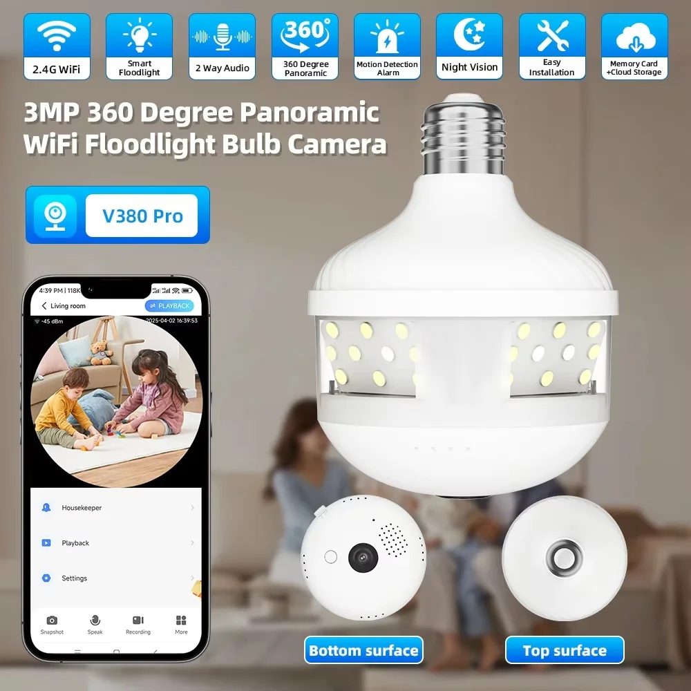 V380 PRO App Fisheye Len 360 Panoramic View E27 Socker Holder Bulb 3MP Camera Night Vision WiFi CCTV Camera