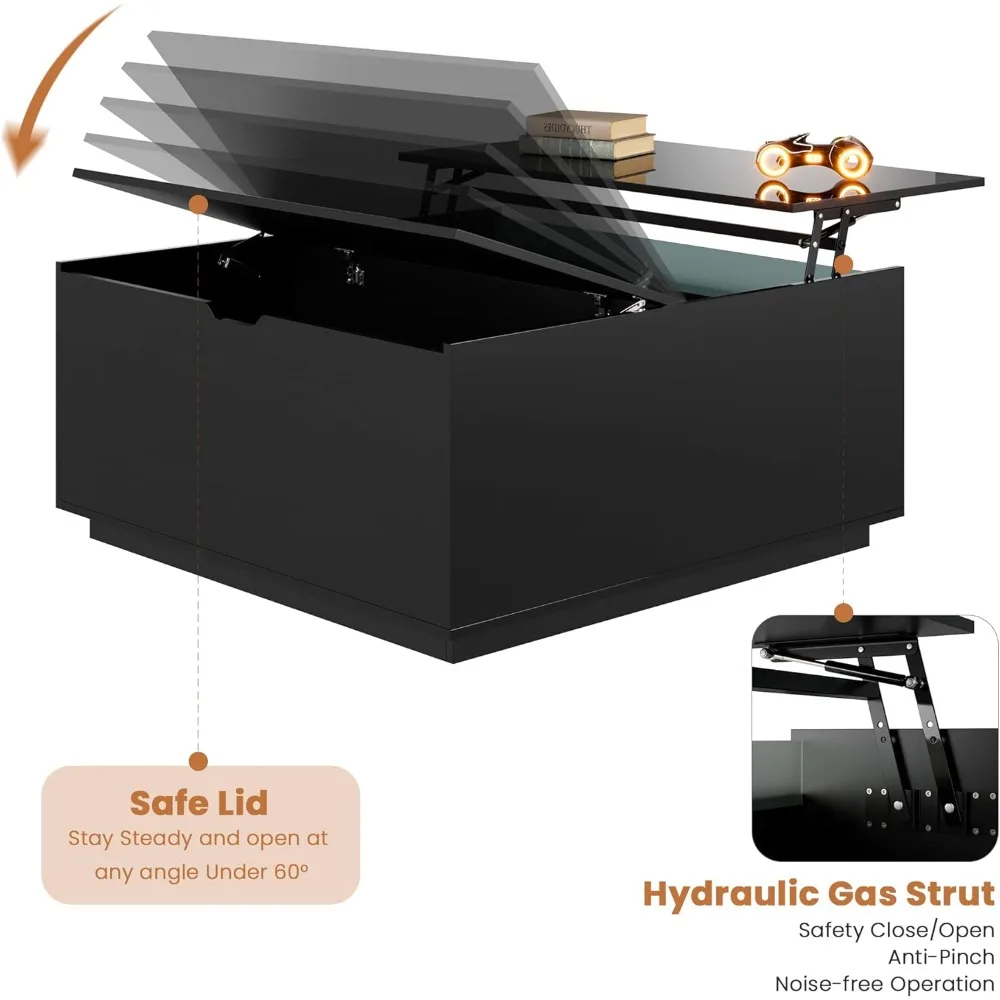 収納付き光沢のあるコーヒーテーブル、LEDとフリップリッド付きの黒い正方形リフトトップコーヒーテーブル、リビ用の小型モダンコーヒーテーブル