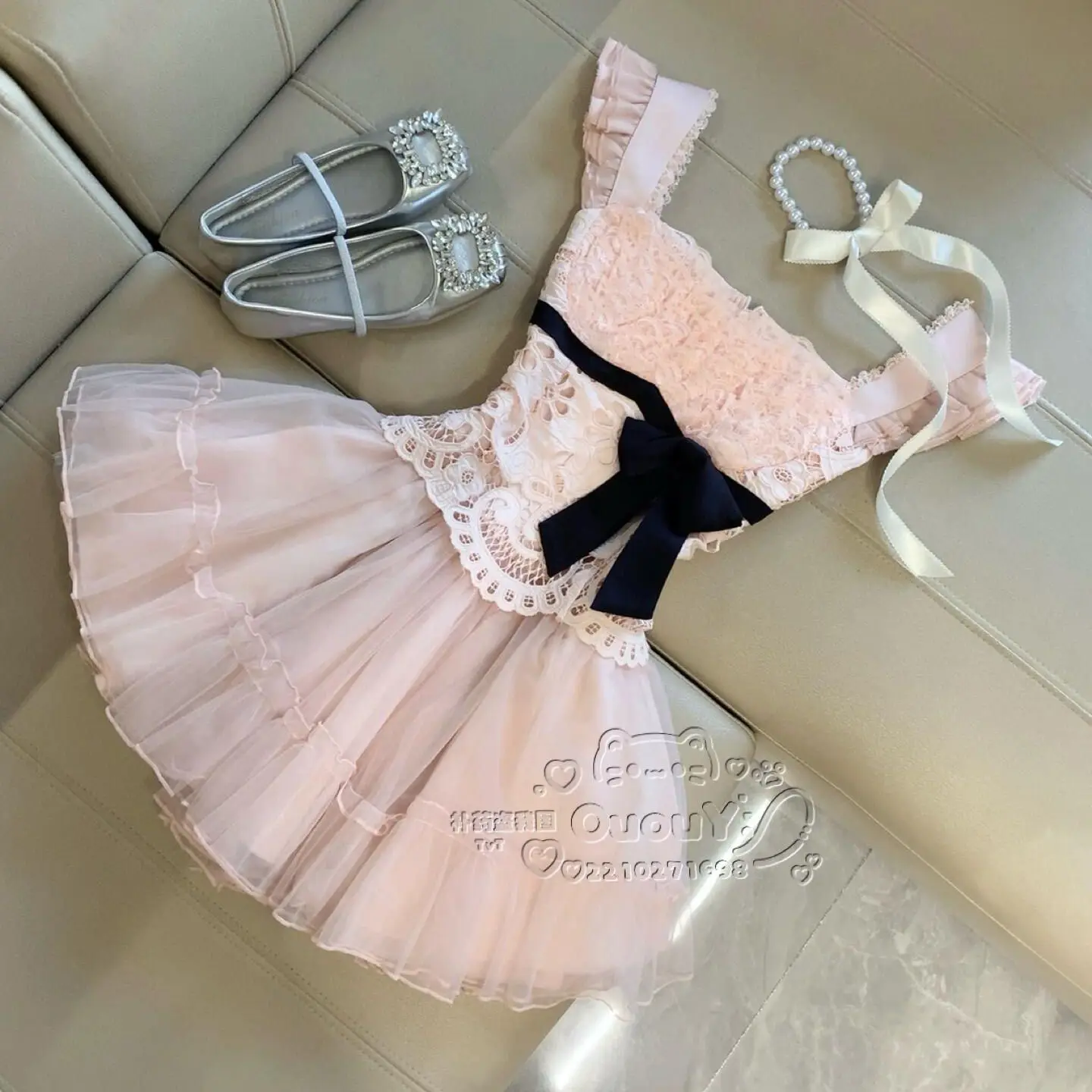French Coquette Lace Bow Ruffled Strap Mini Dress Women Slim Fit High Waist Tulle Mini Dress Party Date Night Elegant Outfit view 5