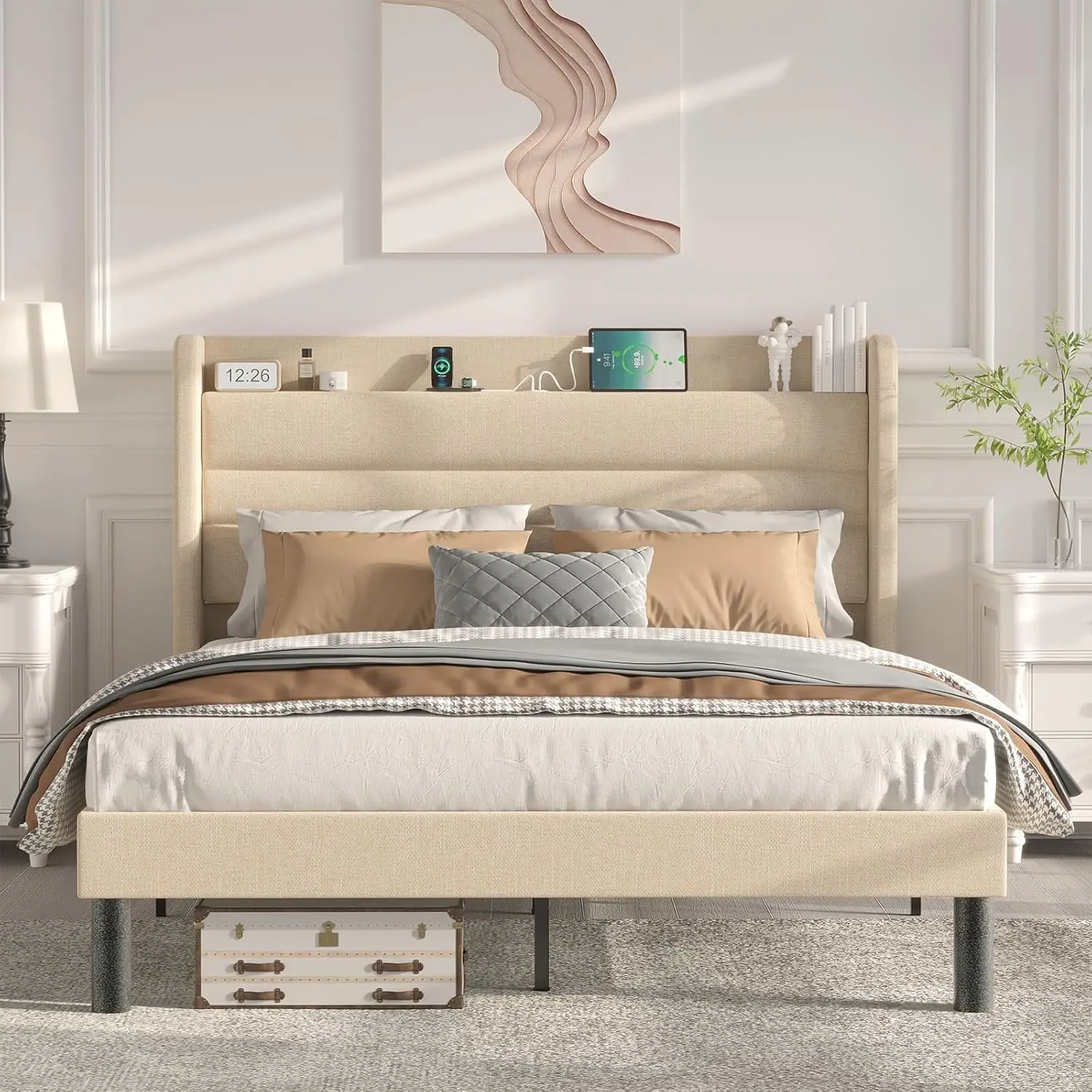 Queen Bed Frame with Charging Station, Type-C & USB Ports, Linen Upholstered Bed Frame Queen Size with Wingback