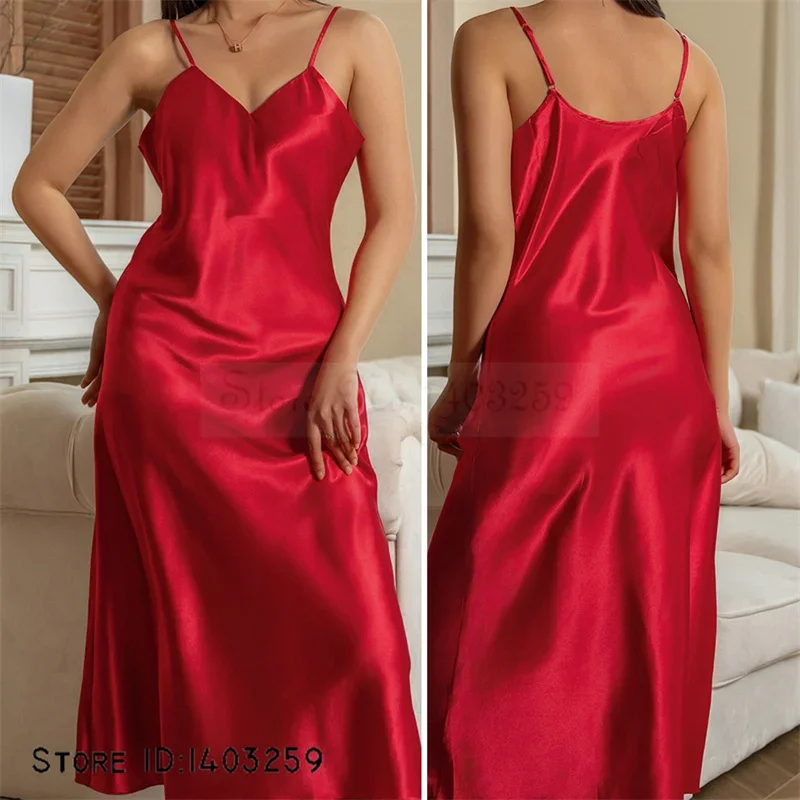 Sexy Suspender Nightdress Intimate Lingerie Female Long Nightgown Chemise Sleepwear Summer Women Satin Home Clothes Loungewear