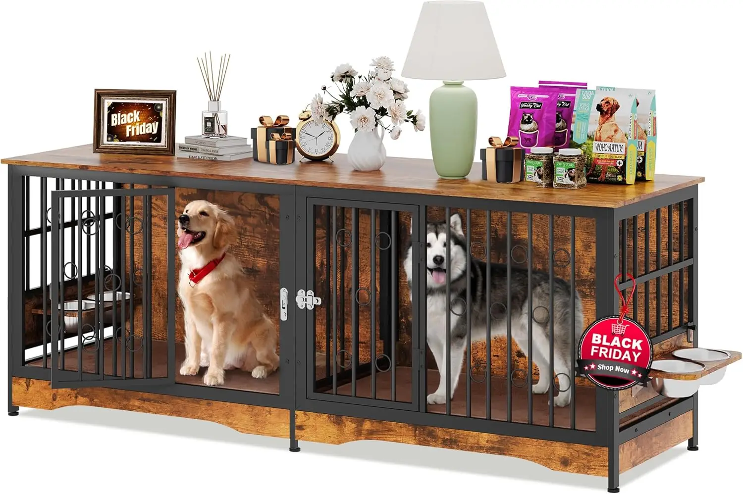 

75'' Dog Crate Furniture Large Storage TV Stand with Dual Cushion / Double Rooms,with Removable Divider for Large Medium Dogs