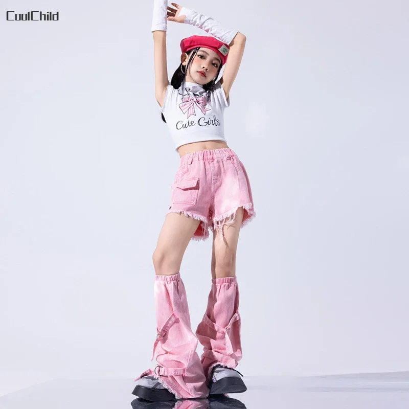 Girls Hip Hop Sweet Butterfly Crop Top Gradient Cargo Pants Kids Street Dance Jeans Clothes Sets Children Streetwear Teen Outfit