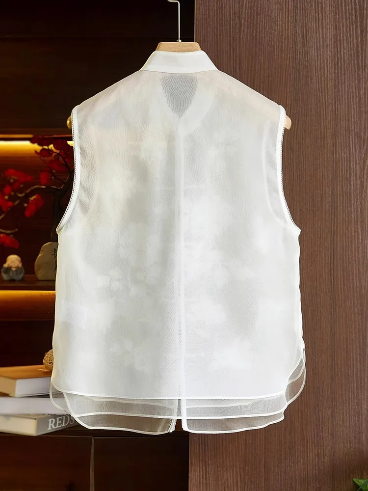 الأزهار المطرزة الجاكار الشيفون سترة المرأة الرجعية الصينية خمر العرقية نمط بلوزات بلا اكمام المتضخم