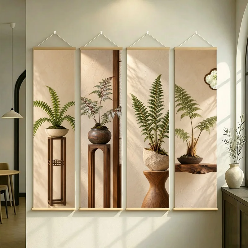 Wall Decor Boston Fern and Spike Moss, Serene Wabi-Sabi Botanical Silver Shimmer Canvas Hanging Scroll for Boutique Hotel