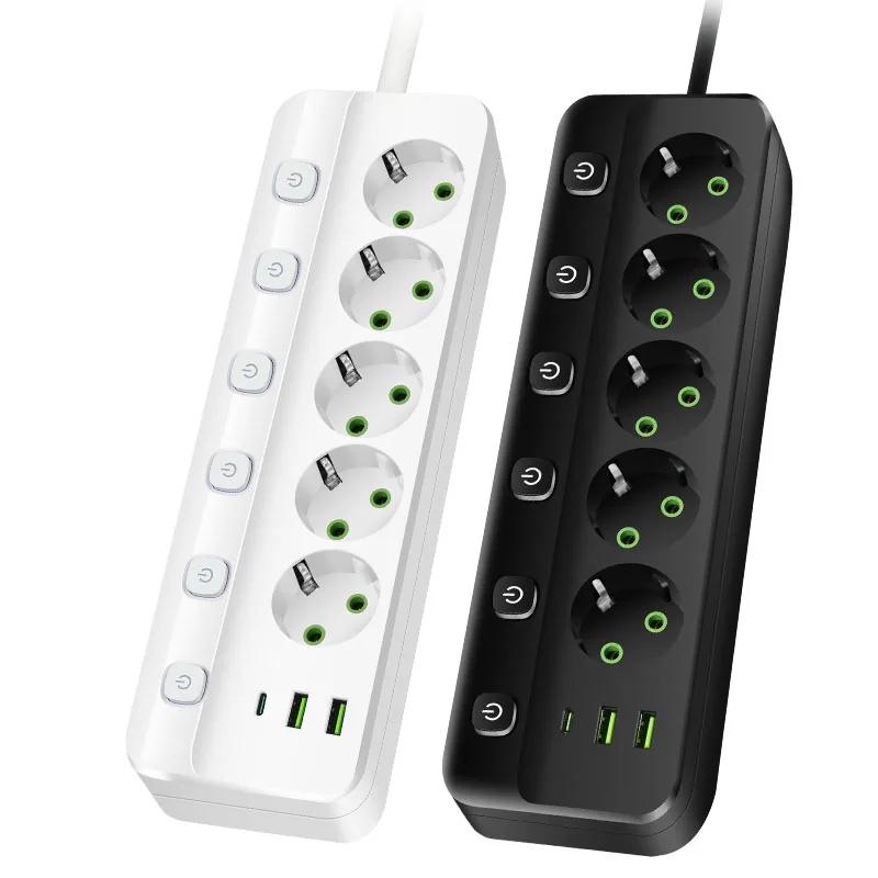 EU Plug Electrical Socket 3/5 AC Outlets 2 USB Ports 1 Type C Socket Adapter 2M Power Strip Safety and Fire Prevention For Home