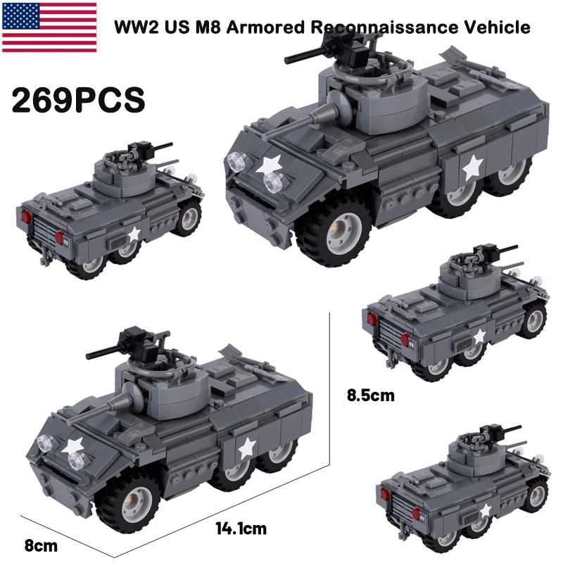 MOC WW2 US Main Battle Tank M8 Armored Car Military Medical Vehicle Speedboat War Scene Trunk Carrier Bricks Toys Boys Gift