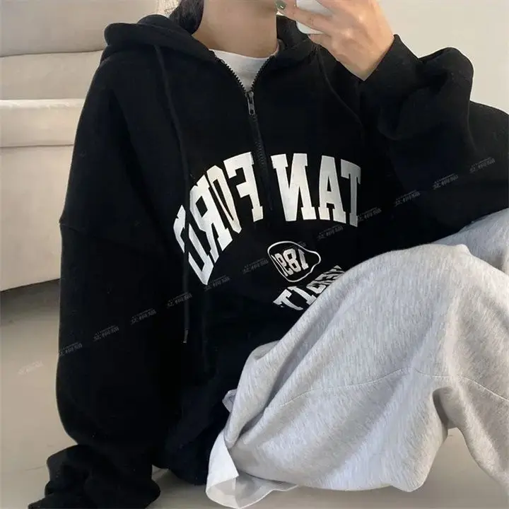 Sweatshirt women\'s hooded spring, autumn and winter thick fleece thin spring autumn winter loose thickened sweatshirt mid-length