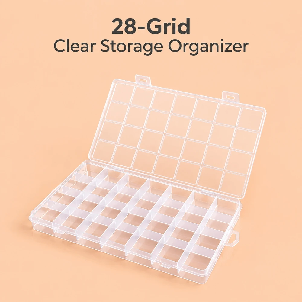 Plastic 28 Compartment Case with Card Insert Slots for Nail Art Tips Seed Beads and Small Accessory Keeping