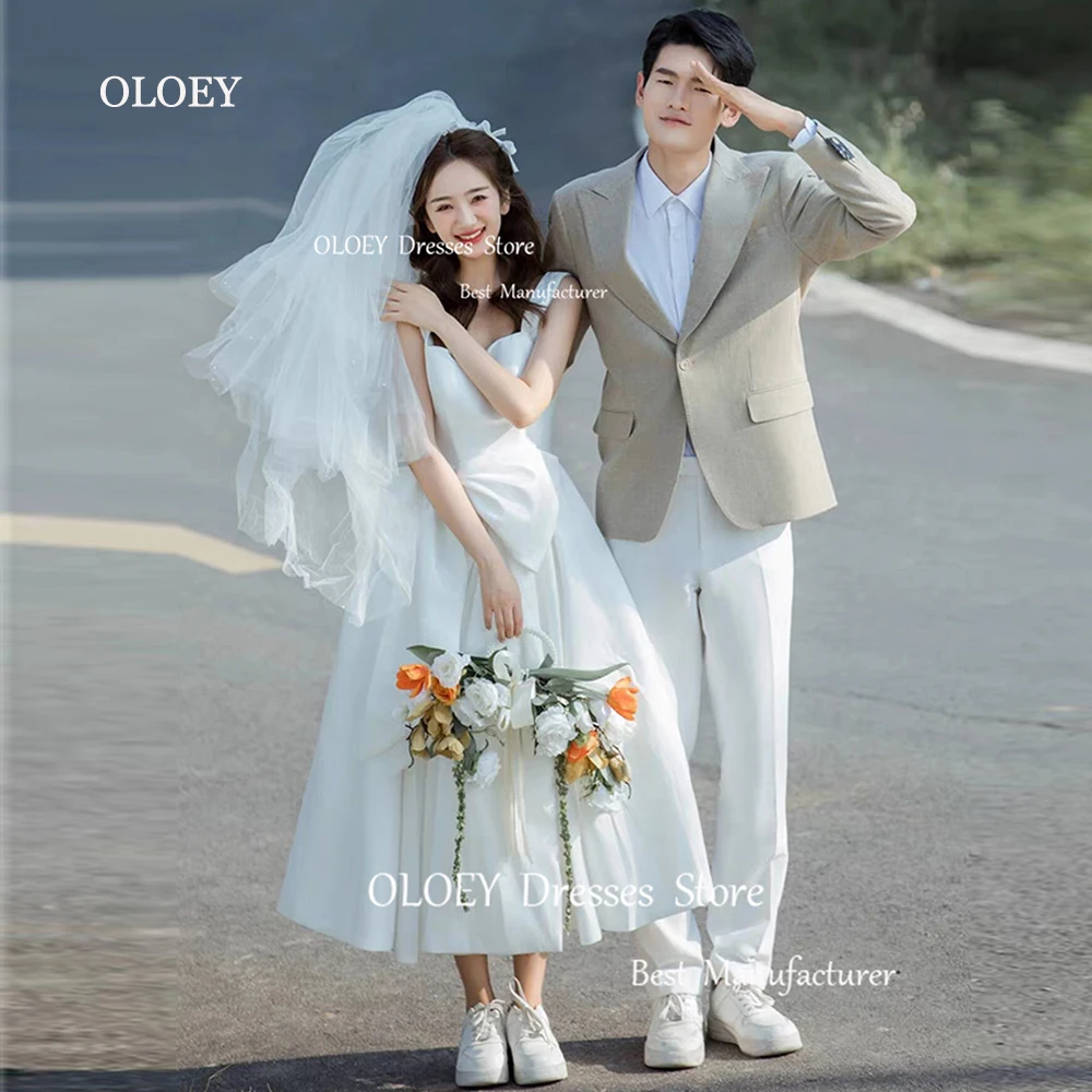 OLOEY Korea Simple Wedding Dresses Photoshoot Square Collar A-Line Mid-Calf Length Satin Bridal Gowns Corset Back Custom Made