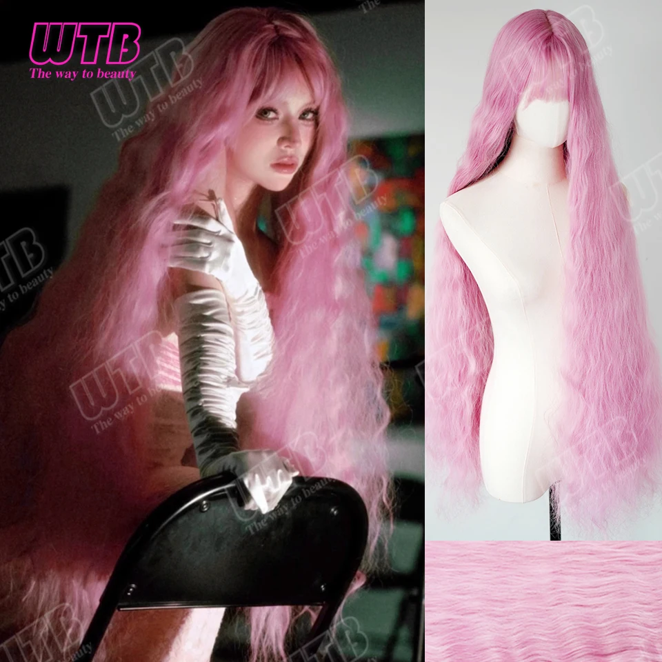WTB 100CM Pink Long Wavy Synthetic Lolita Wig with Bangs Suitable for Women's Daily Wear Holiday Events, and Cosplay