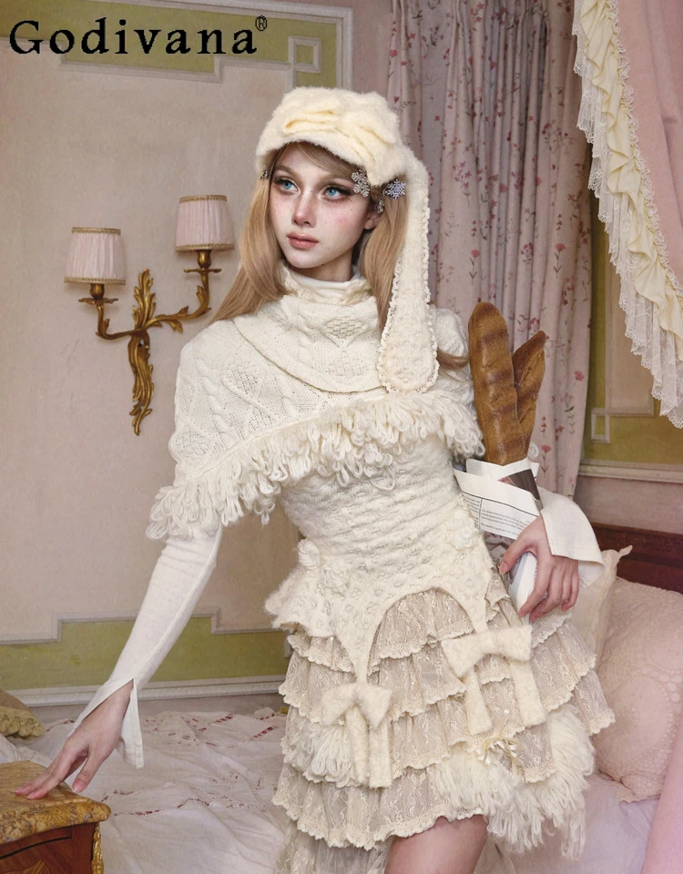 

Original Retro Elegant Knitted Shawl Autumn and Winter New Girls Women's Punk Style Tassel Shawl Princess Style Sweet Shawl