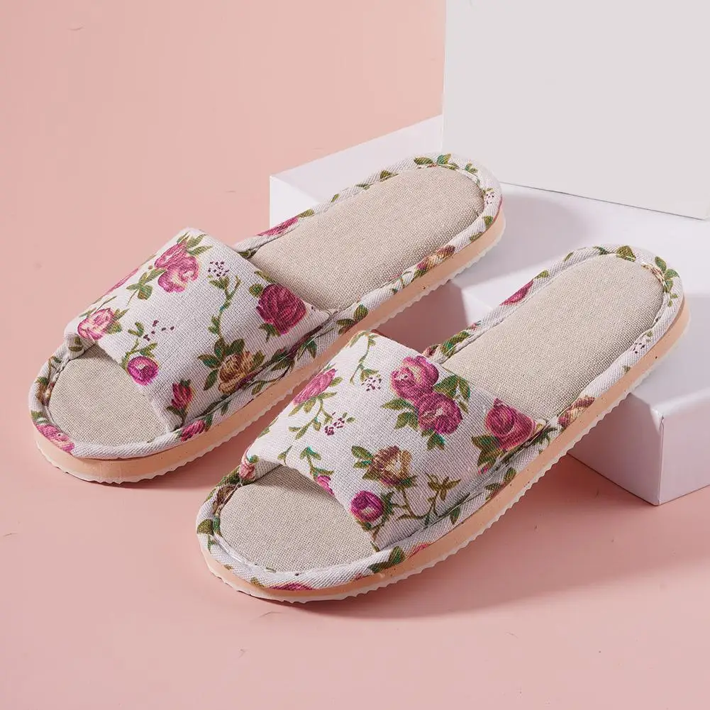 

Four Seasons Women Linen Slippers Indoor Floor Flat Shoes Spring Autumn Linen Flip Flops Home Lightweight Slides Female Slipper